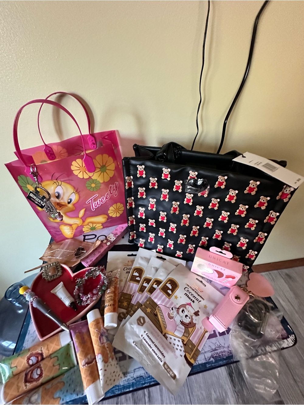 Betsey Johnson Black Teddy-Print Tote Bag - with filled tweety bag. NWT